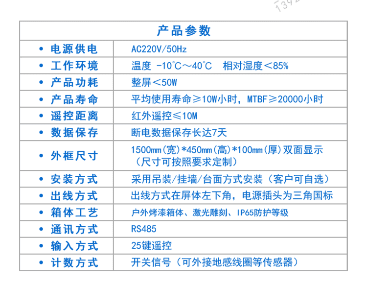 停车场车位引导系统产品参数