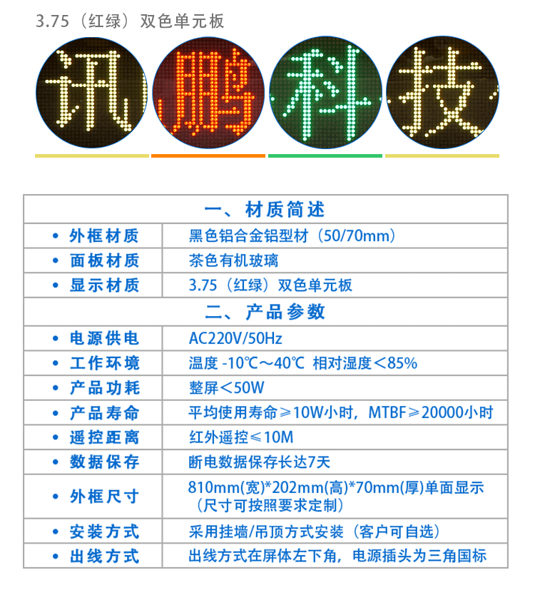 LED点阵单元板显示屏产品参数