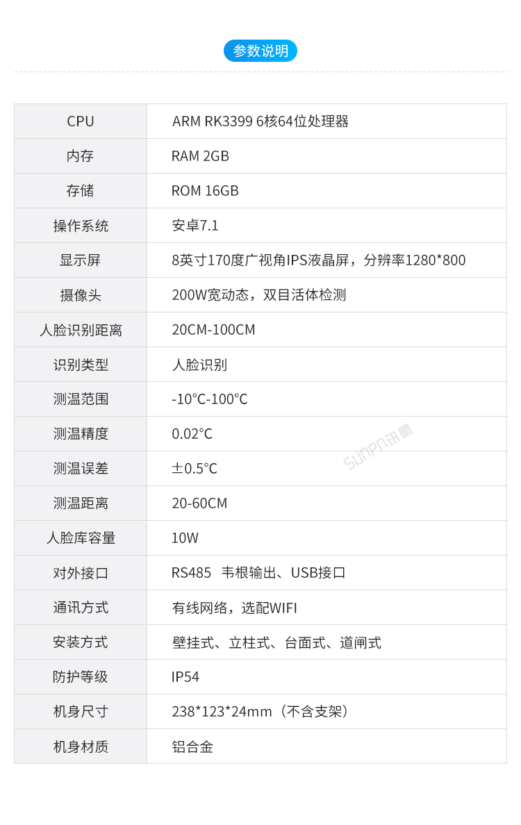人脸识别测温一体机产品参数