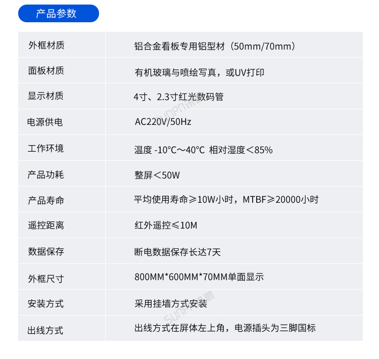 LED天数倒计时牌-产品参数 